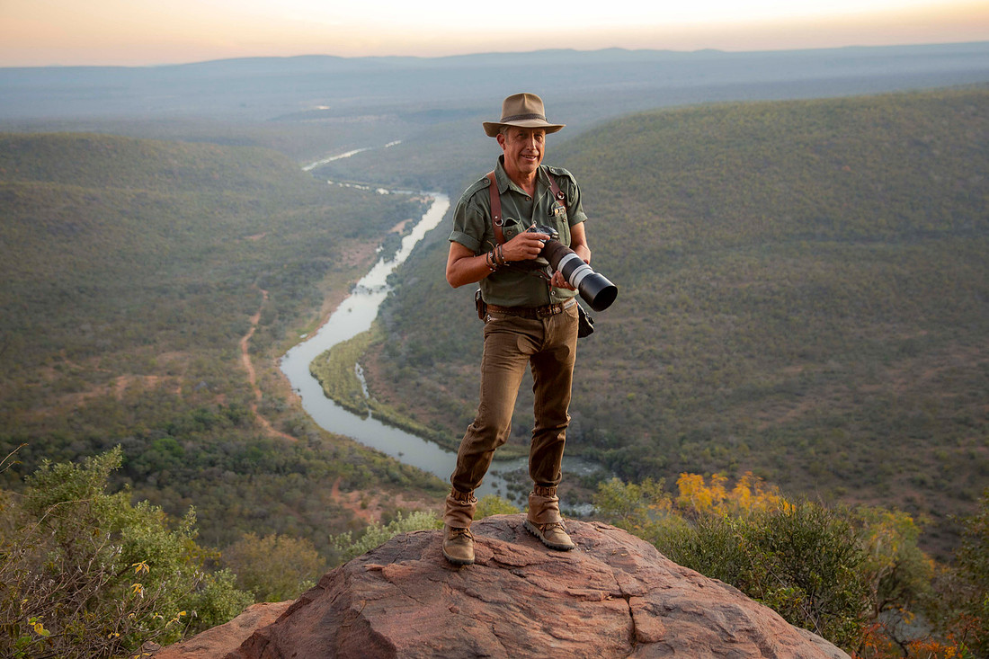 Andrew Yates photographing in the African bush, Waterberg, South Africa